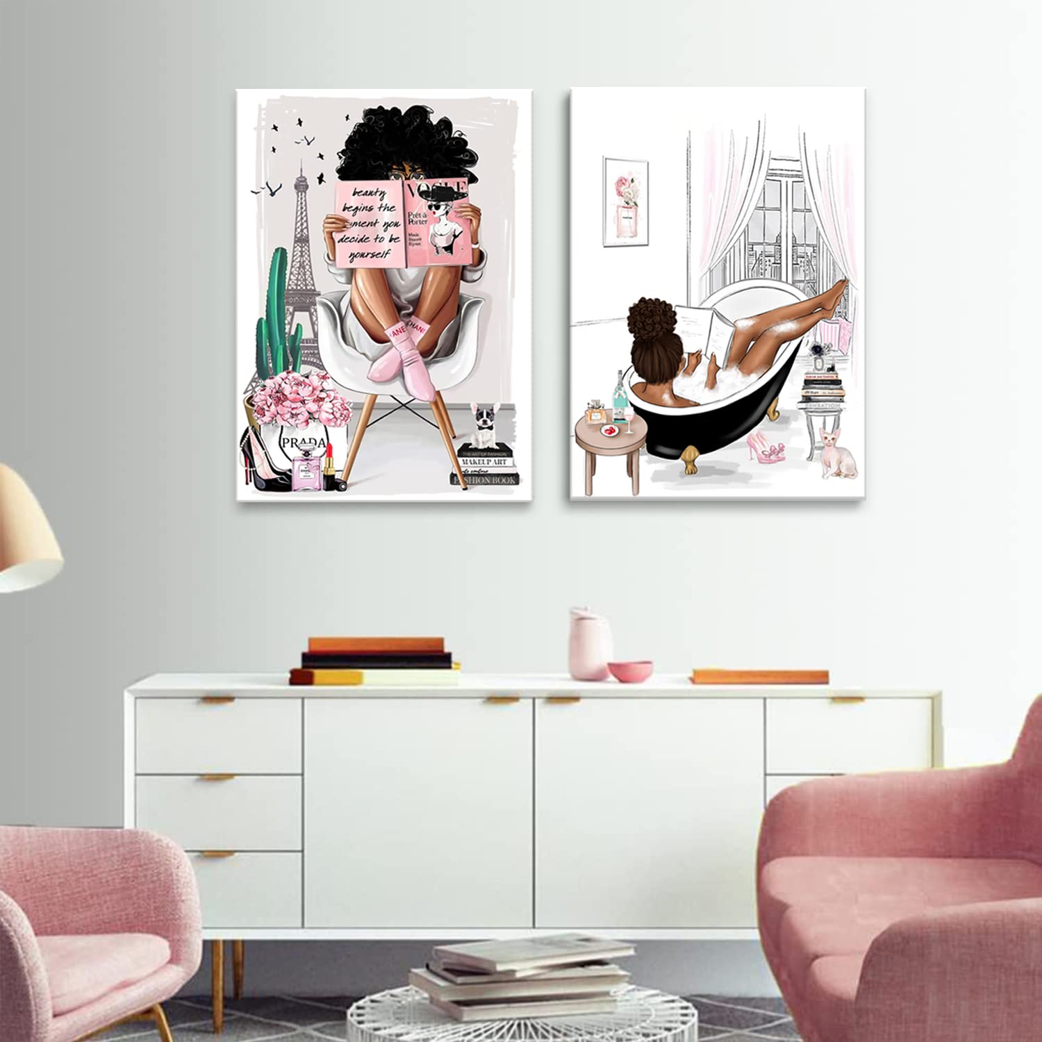 2 Pieces Framed African American Wall Art Modern Fashion Paris Pink White Afro Black Girls Women Canvas Wall Decor Pictures Posters Prints Artwork for Bathroom Living Room Bedroom Home Decoration