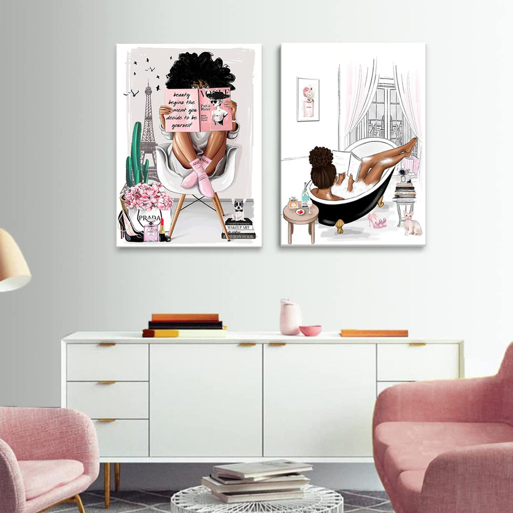 2 Pieces Framed African American Wall Art Modern Fashion Paris Pink White Afro Black Girls Women Canvas Wall Decor Pictures Posters Prints Artwork for Bathroom Living Room Bedroom Home Decoration