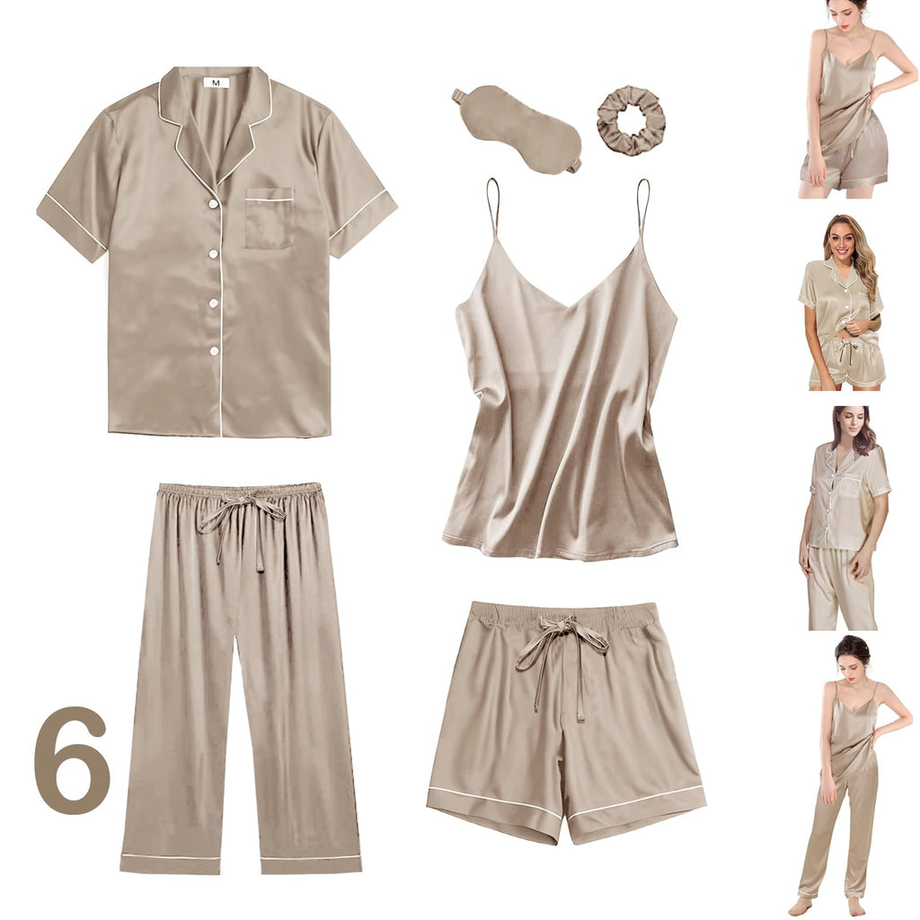 6Pcs Womens Silk Satin Pajama Sets Pj Sets Short Pjs Set Pajamas Sleepwear Camisole Sexy Cami