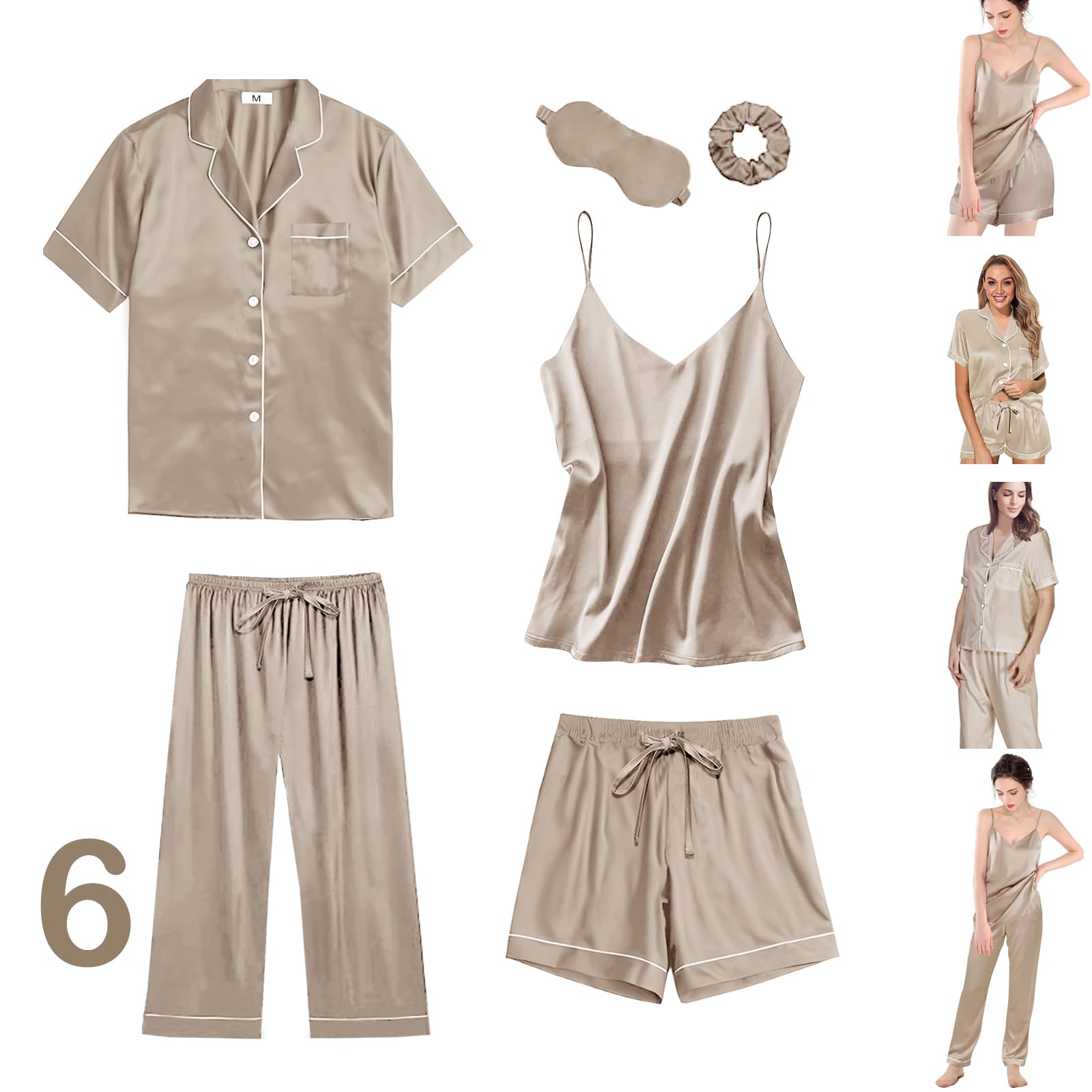 6Pcs Womens Silk Satin Pajama Sets Pj Sets Short Pjs Set Pajamas Sleepwear Camisole Sexy Cami