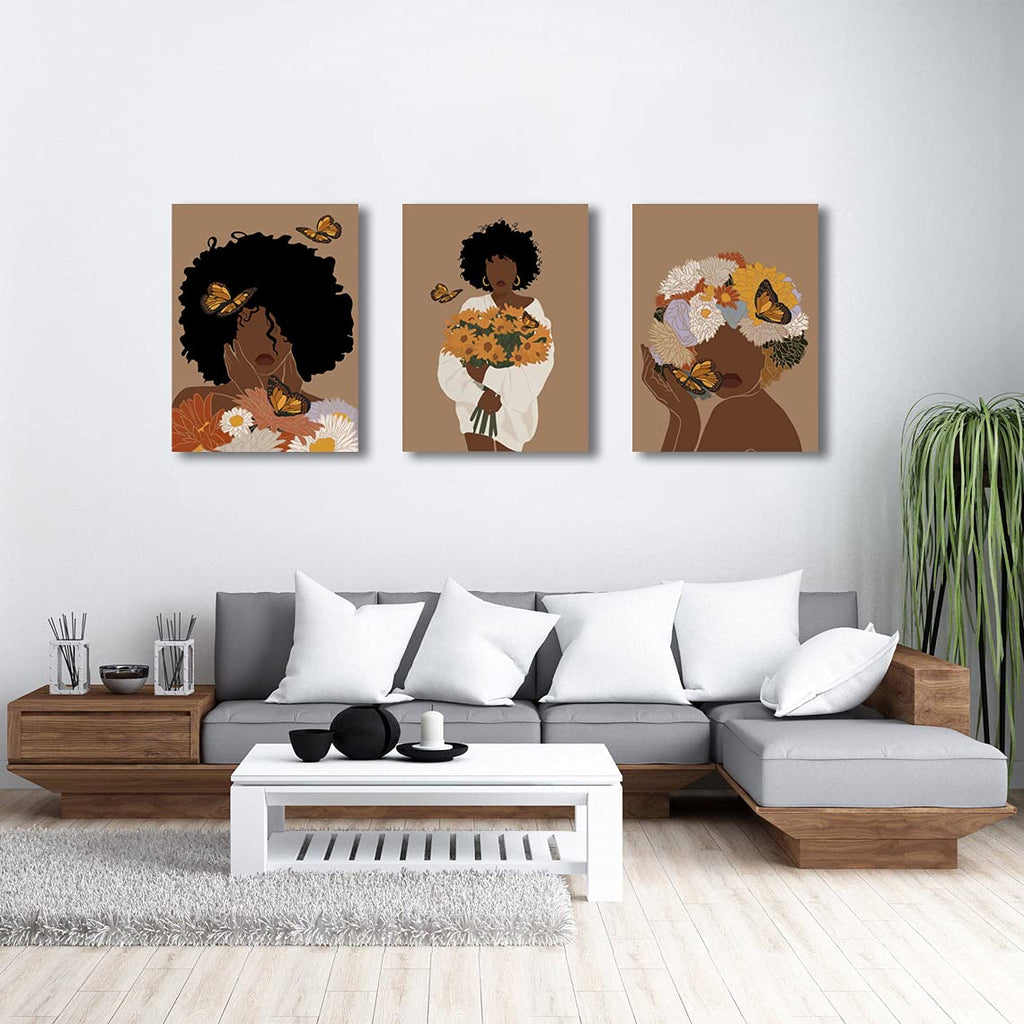 Framed Abstract African American Black Woman Canvas Wall Art, Boho Fashion Flower Art print, Black Women Bedroom Home Decor, Black Girl Poster