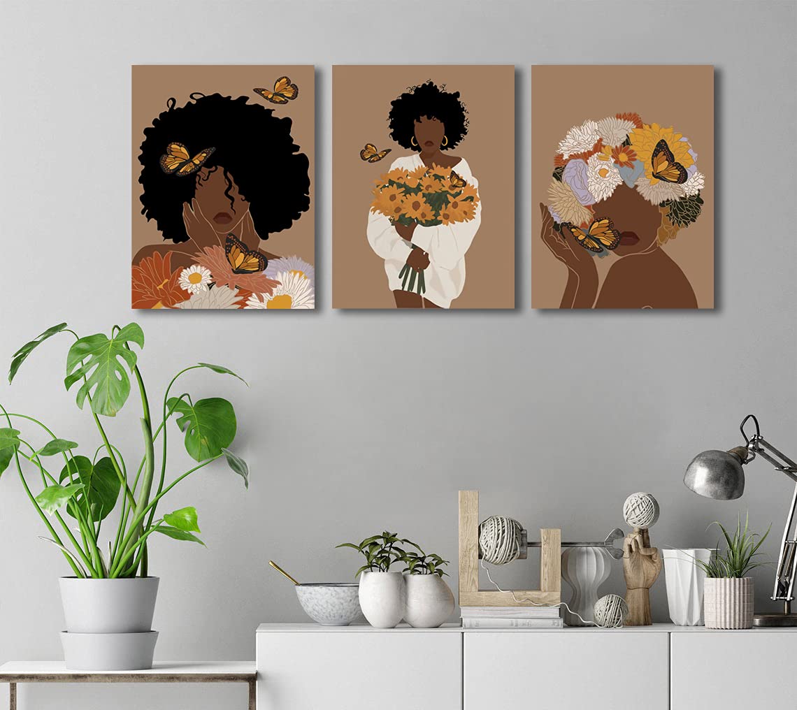 Framed Abstract African American Black Woman Canvas Wall Art, Boho Fashion Flower Art print, Black Women Bedroom Home Decor, Black Girl Poster