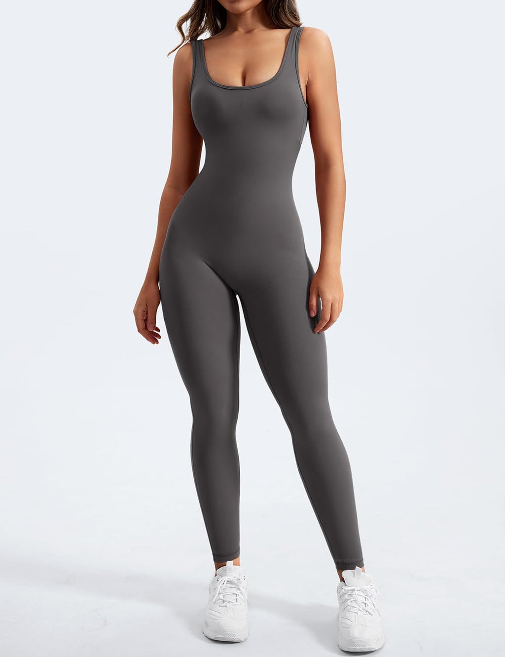 YEOREO Long Sleeve Jumpsuit for Women Workout V Back Bodysuit Lizvette Scrunch Leggings One Piece Romper Full Length Bodycon