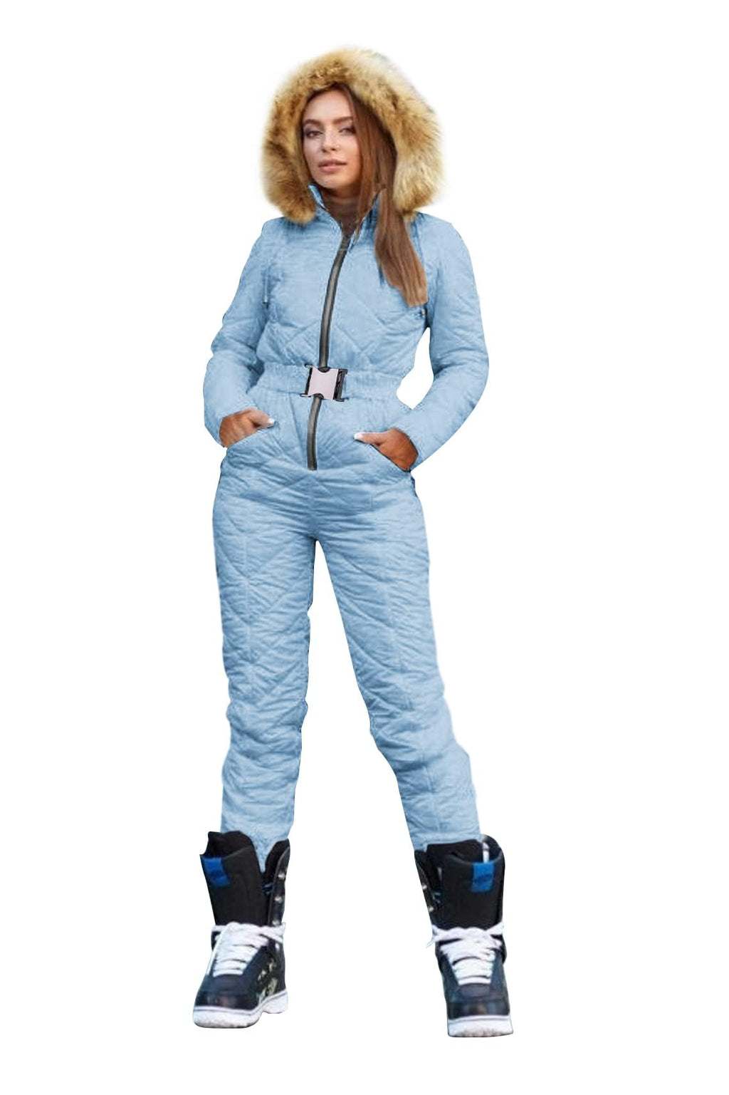 Yousify Womens Winter Ski Suit One Piece Hooded Fur Collar Ski Jumpsuit Snowsuit Outdoor Sports Coat