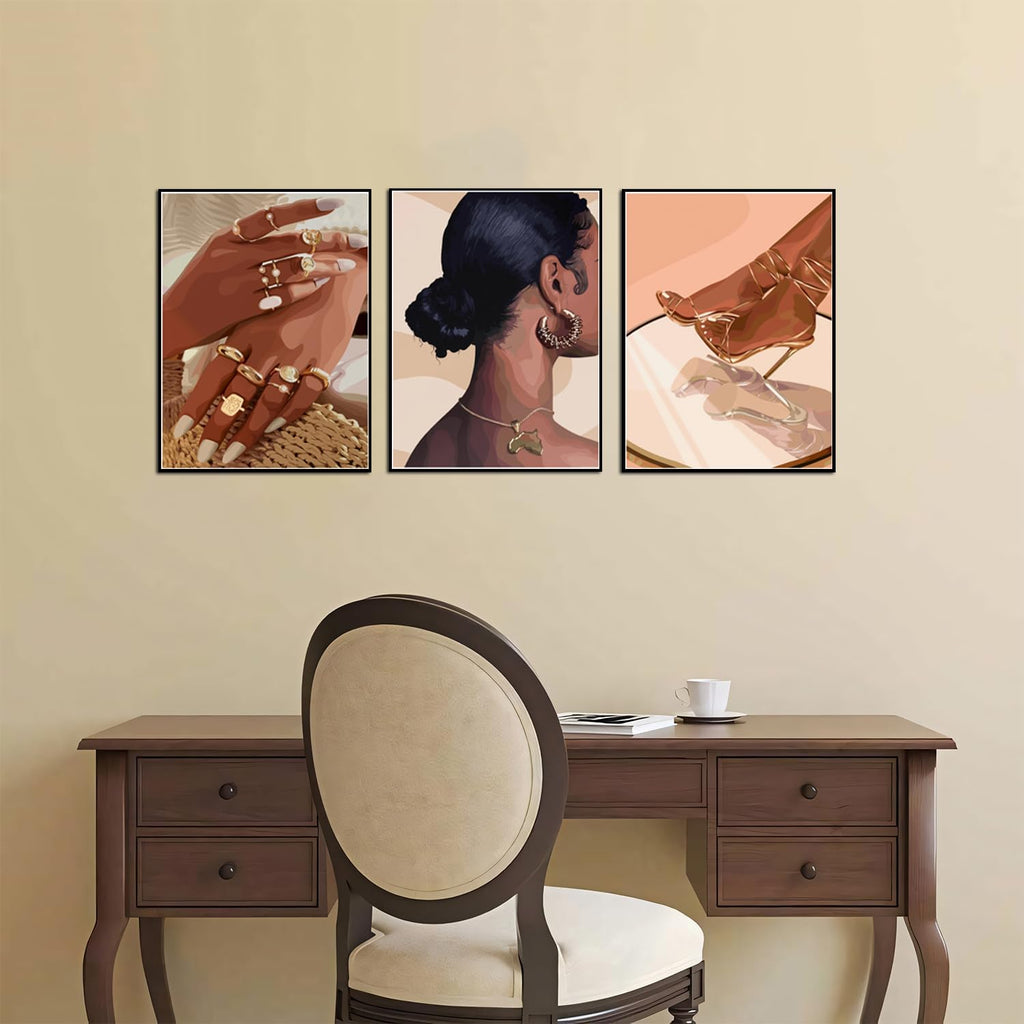 Framed Black Girl Wall Art Set of 3, Black Woman with Floral Pictures Wall Decor Paintings, Fashion African American Female Canvas Prints Home Decor for Living Room Bedroom Office 16x24 inch