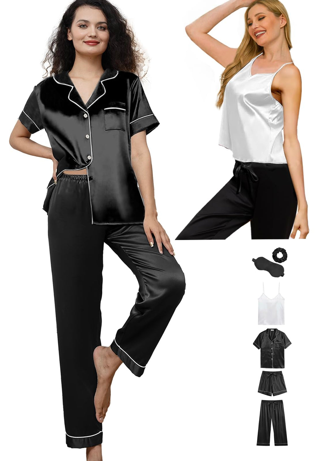6Pcs Womens Silk Satin Pajama Sets Pj Sets Short Pjs Set Pajamas Sleepwear Camisole Sexy Cami