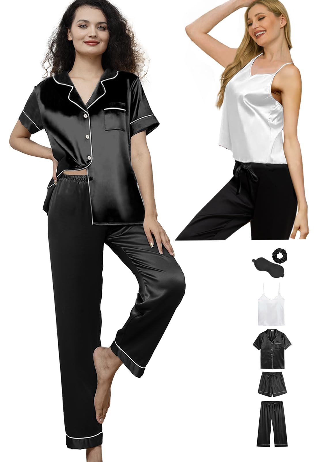 6Pcs Womens Silk Satin Pajama Sets Pj Sets Short Pjs Set Pajamas Sleepwear Camisole Sexy Cami