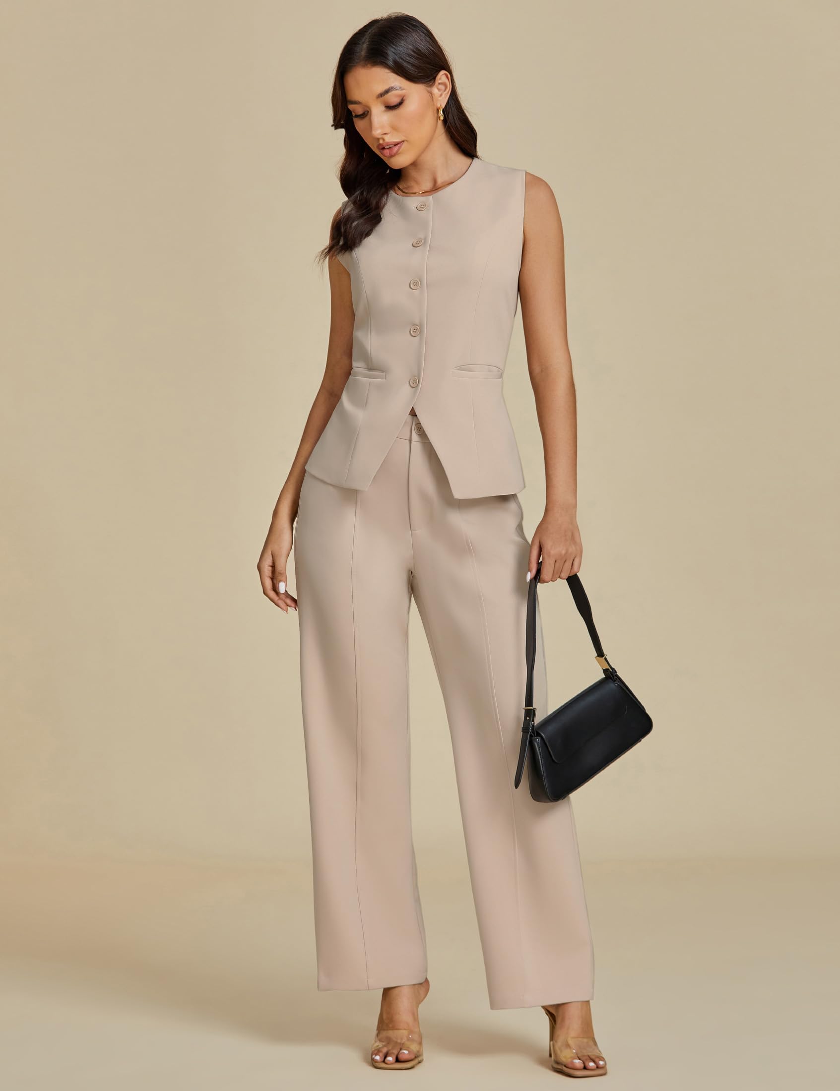 luvamia Vest Pants Suits for Women Dressy 2 Piece Business Casual Outfits Sleeveless Blazer Wide Leg Pants Pantsuit Sets