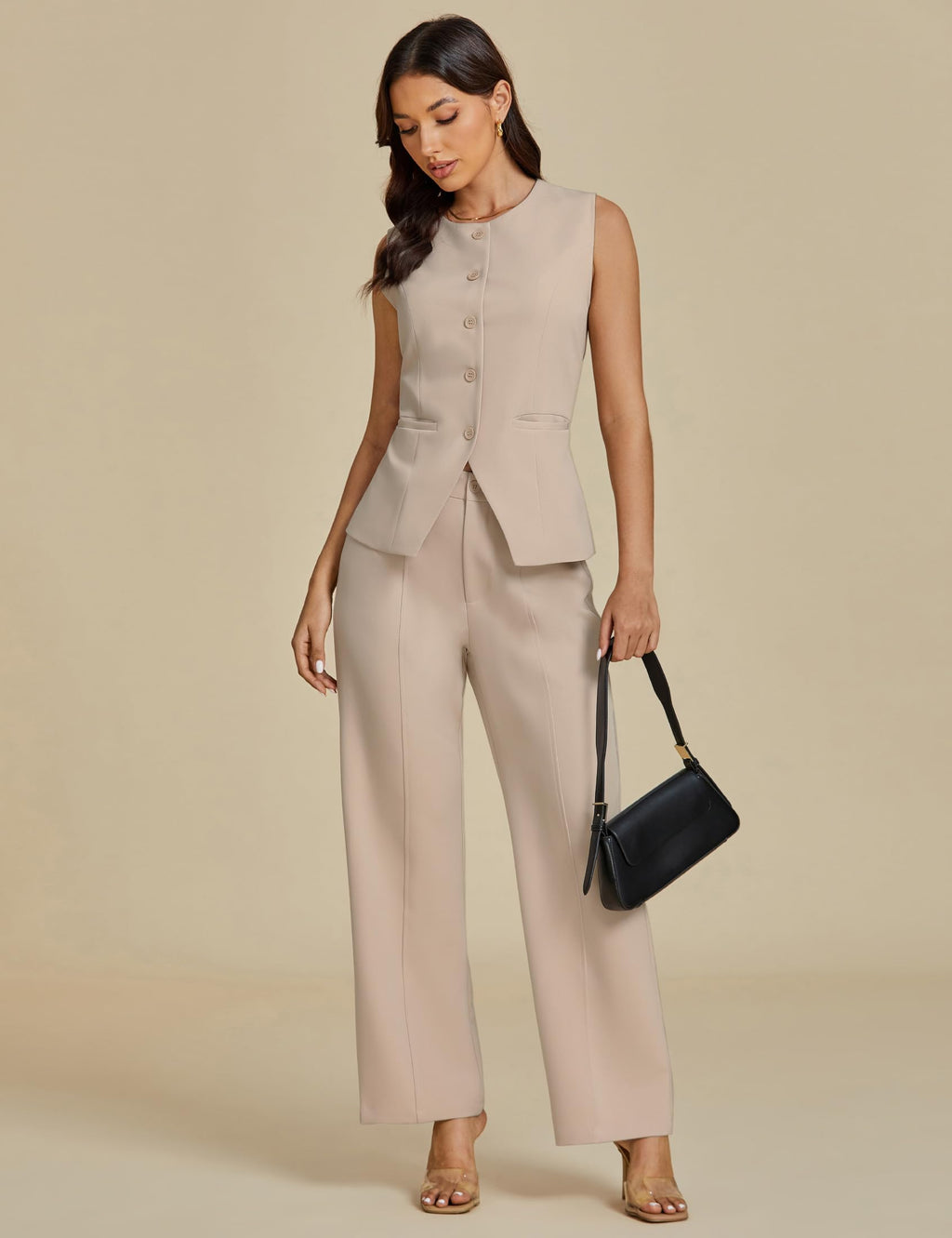 luvamia Vest Pants Suits for Women Dressy 2 Piece Business Casual Outfits Sleeveless Blazer Wide Leg Pants Pantsuit Sets