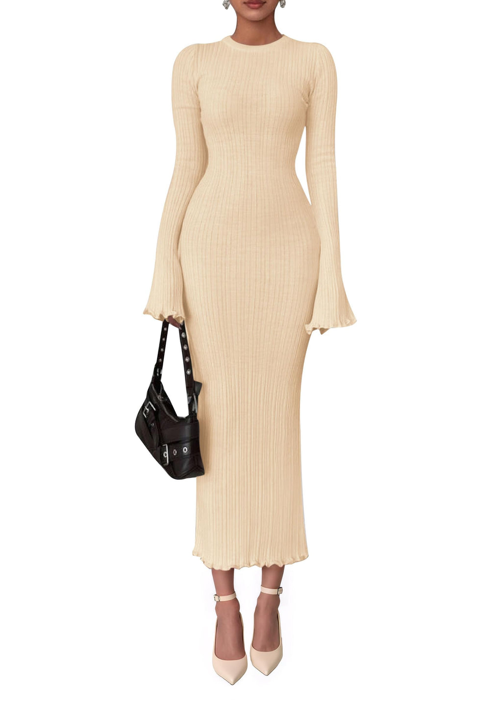 PRETTYGARDEN Sweater Dresses for Women 2025 Fall Bell Long Sleeve Crew Neck Bodycon Maxi Dress Winter Ribbed Knit Outfits