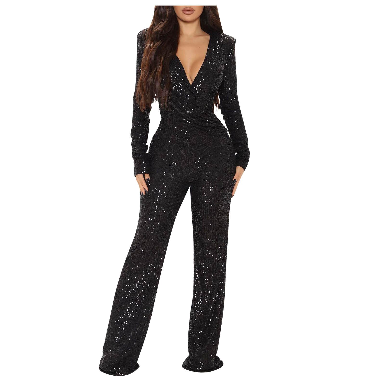 Womens 2024 Summer Sexy Deep V Neck Jumpsuits Long Sleeve One Piece Sequins Overalls Dressy Wide Leg Rompers
