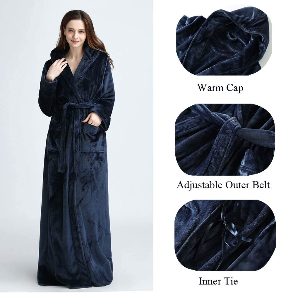 Hellomamma Long Hooded Robe for Women Luxurious Flannel Fleece Full Length Bathrobe Winter Warm Pajamas Shower Nightgown
