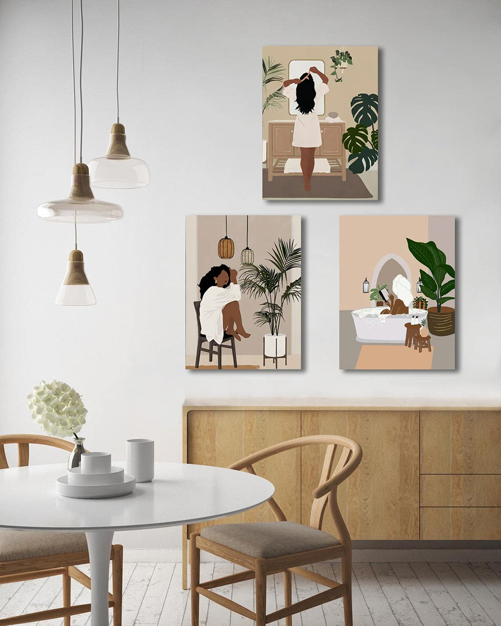 Framed Abstract African American Black Woman Canvas Wall Art, Boho Fashion Flower Art print, Black Women Bedroom Home Decor, Black Girl Poster