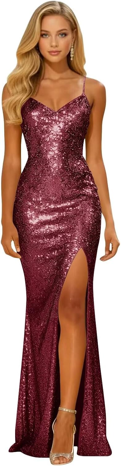 Long Sparkly Sequin V Neck Prom Dresses with Slit Mermaid Formal Evening Party Gown 2026