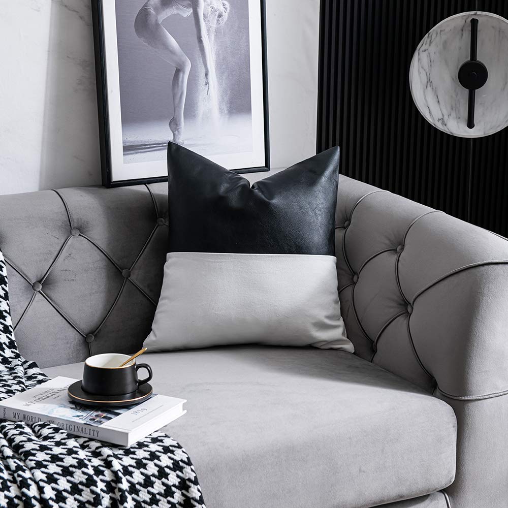 DEZENE Leather Throw Pillow Covers, Set of 2 Modern Leather/Cotton Decorative Pillowcases for Home Decor Bedroom Living Room Couch Bed Sofa, 18x18 Inch, Cognac-Brown and White