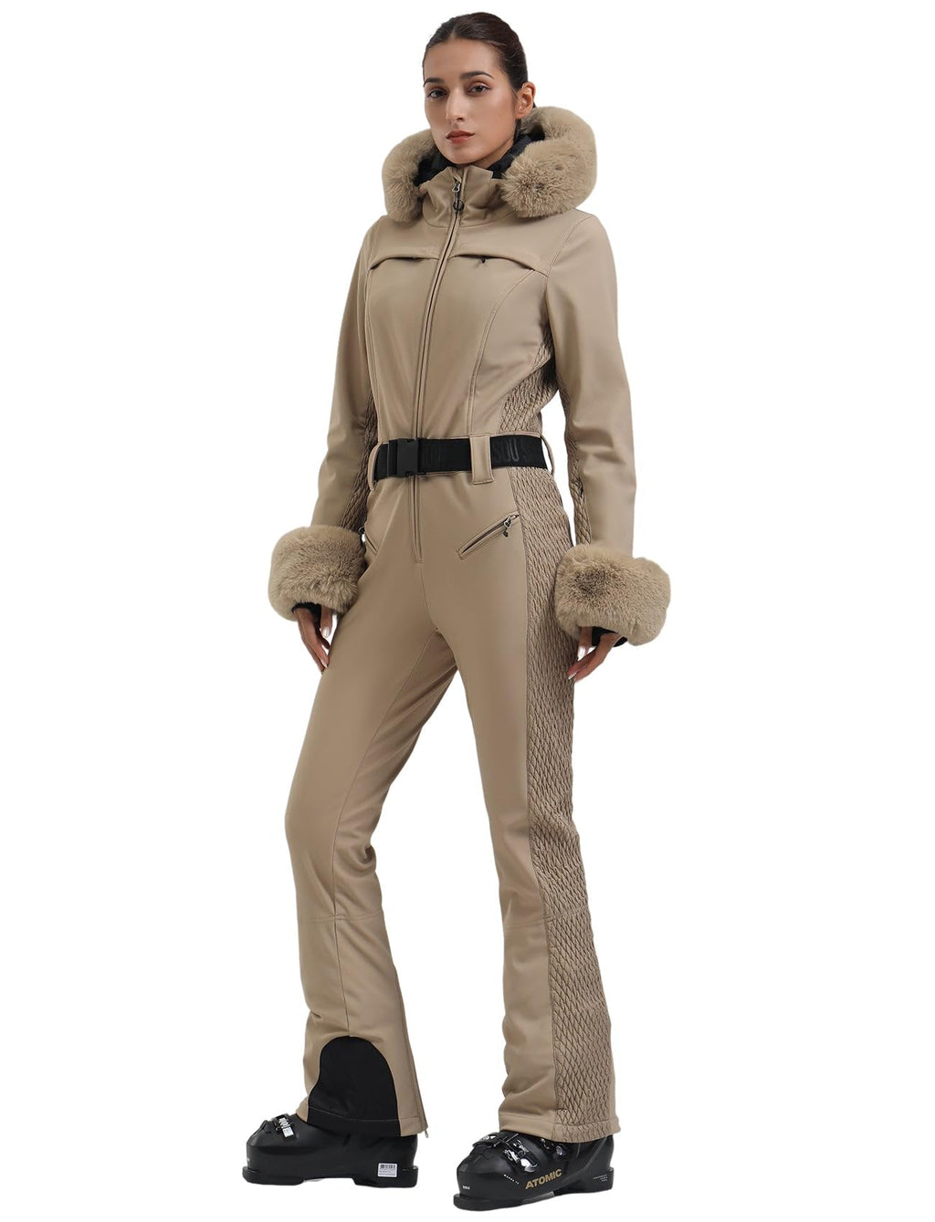 GSOU SNOW Ski Suit Womens One Piece Snowsuit Snowboard Jacket Slim Snow Jumpsuit Faux Fur Ski Outfit Waterproof Windproof