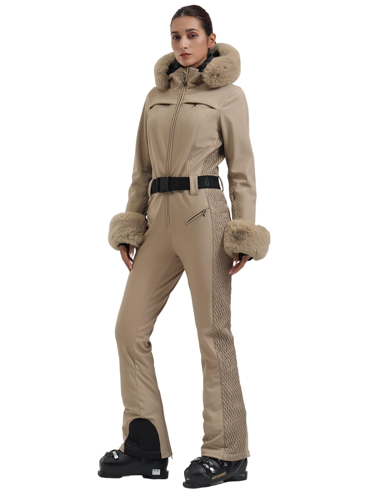 GSOU SNOW Ski Suit Womens One Piece Snowsuit Snowboard Jacket Slim Snow Jumpsuit Faux Fur Ski Outfit Waterproof Windproof