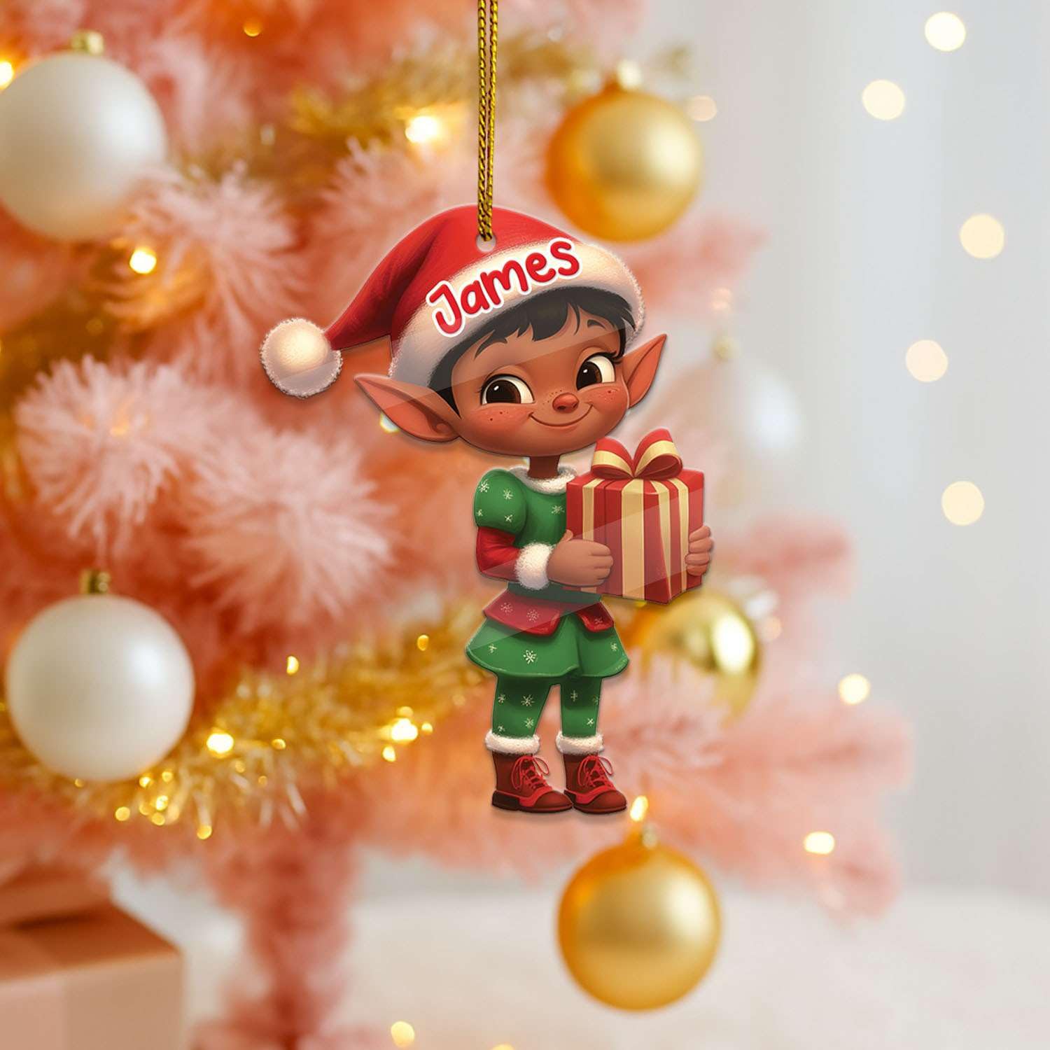 2D Acrylic Christmas Elf Shaped Ornament with Gift Box, Personalized Name Holiday Keepsake, Cute Ornament for Kids Room, Custom Name African-Inspired Decoration, Gifts for Boys