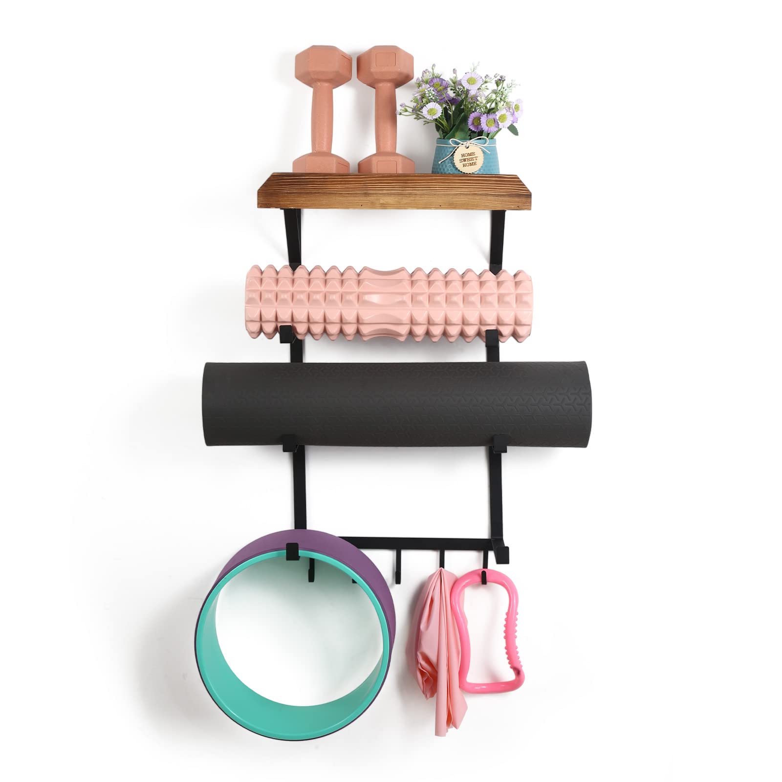 Yoga Mat Holder Wall Mount,17" x 28" Yoga Mat Rack Home Gym Accessories, Storage for Foam Roller, with Wood Floating Shelves and 5 Hooks for Hanging Yoga Strap and Resistance Bands
