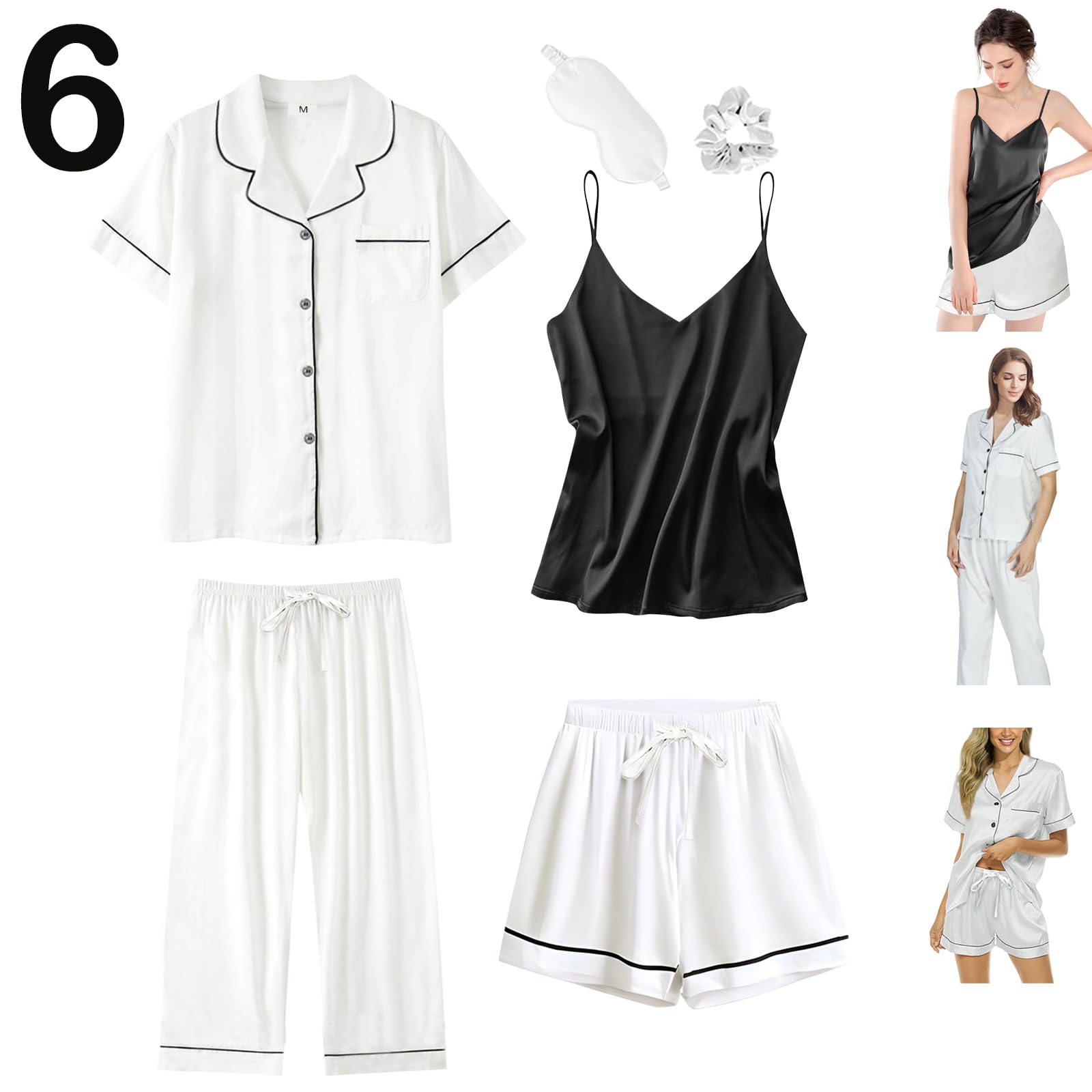 6Pcs Womens Silk Satin Pajama Sets Pj Sets Short Pjs Set Pajamas Sleepwear Camisole Sexy Cami