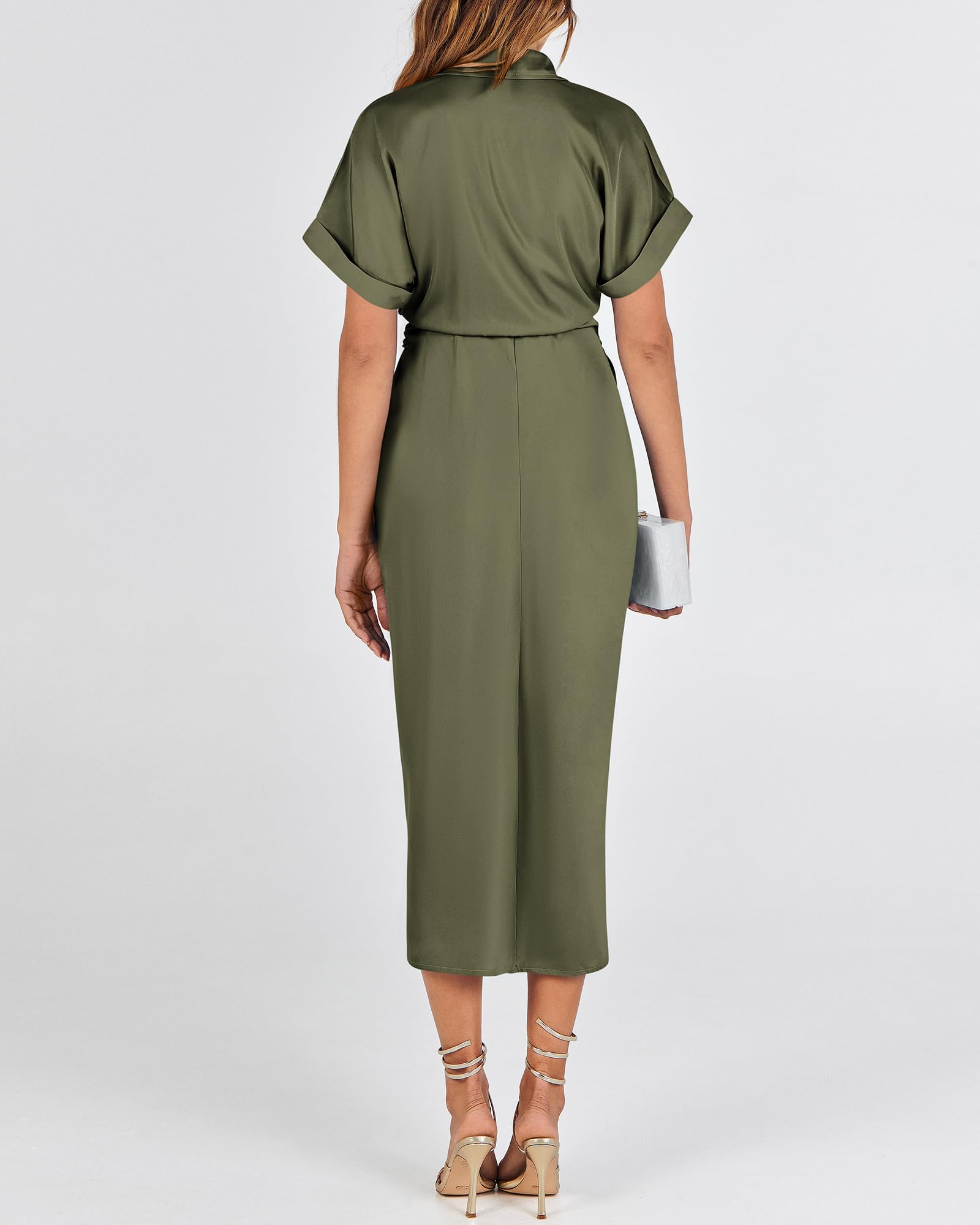 BTFBM Women Button Down Ruched Shirt Dresses Satin Short Sleeve Lapel V Neck Summer Maxi Dress 2025 Party Wedding Guest