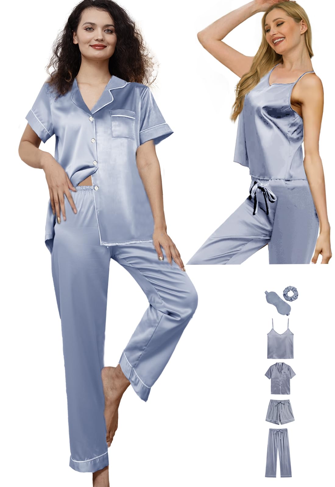6Pcs Womens Silk Satin Pajama Sets Pj Sets Short Pjs Set Pajamas Sleepwear Camisole Sexy Cami