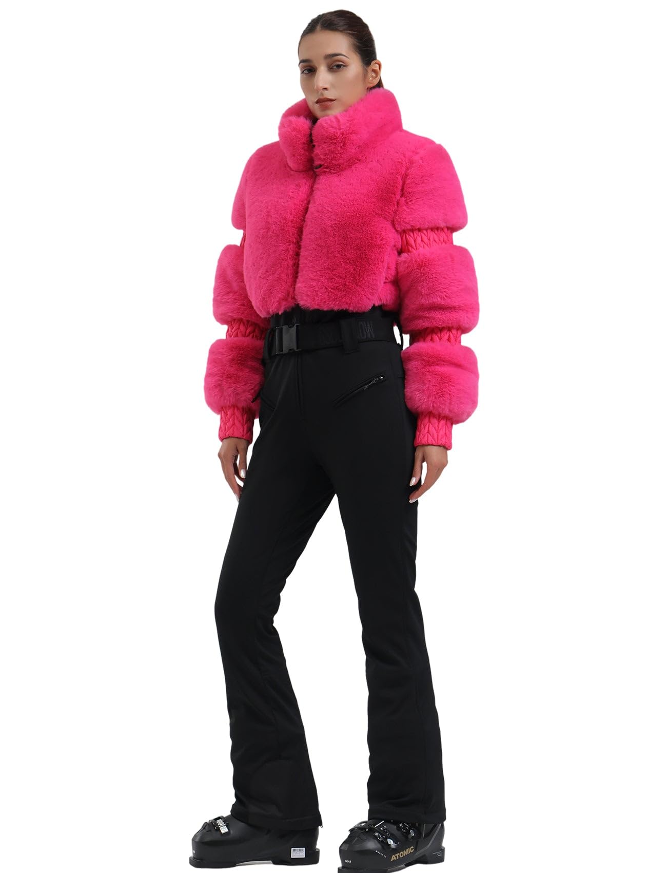 GSOU SNOW Women Ski Suit One Piece Snowsuit Snowboard Faux Fur Collar Slim Jumpsuit Jacket Insulated Windproof Outdoor Winter