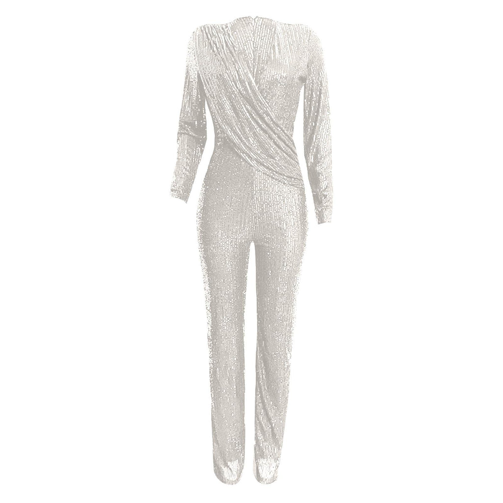 Womens 2024 Summer Sexy Deep V Neck Jumpsuits Long Sleeve One Piece Sequins Overalls Dressy Wide Leg Rompers