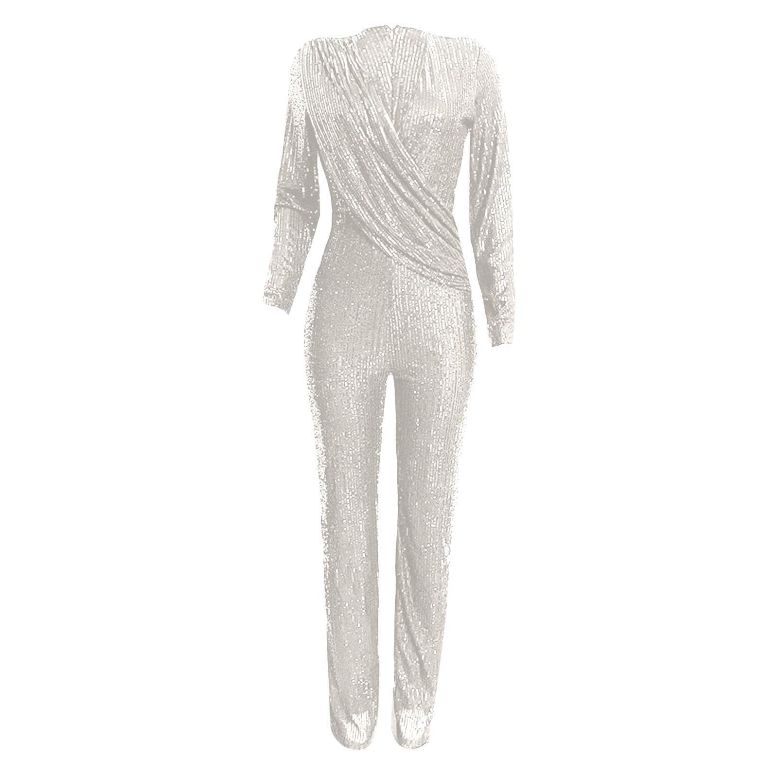 Womens 2024 Summer Sexy Deep V Neck Jumpsuits Long Sleeve One Piece Sequins Overalls Dressy Wide Leg Rompers