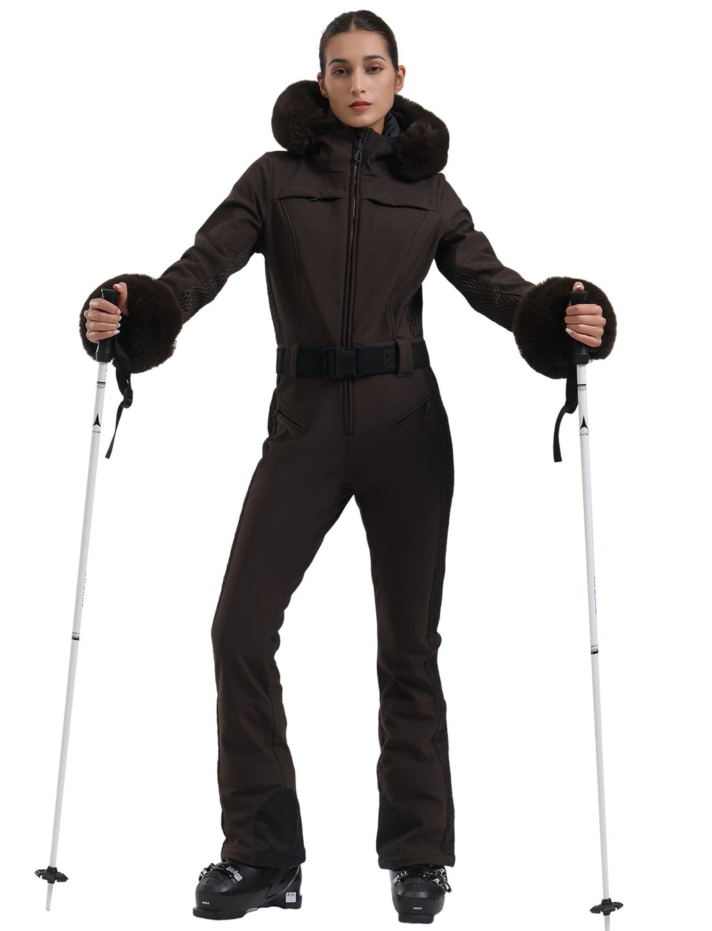 GSOU SNOW Ski Suit Womens One Piece Snowsuit Snowboard Jacket Slim Snow Jumpsuit Faux Fur Ski Outfit Waterproof Windproof
