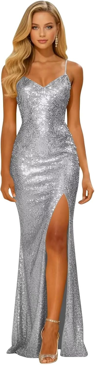Long Sparkly Sequin V Neck Prom Dresses with Slit Mermaid Formal Evening Party Gown 2026