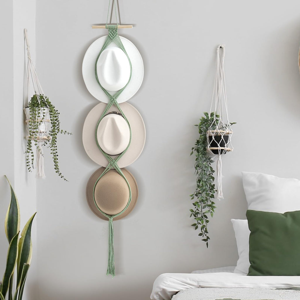 Yulejo Macrame Hat Hangers Boho Hat Rack for Wall Western Cowboy Hanging Organizer for Door Wall Room Bedroom