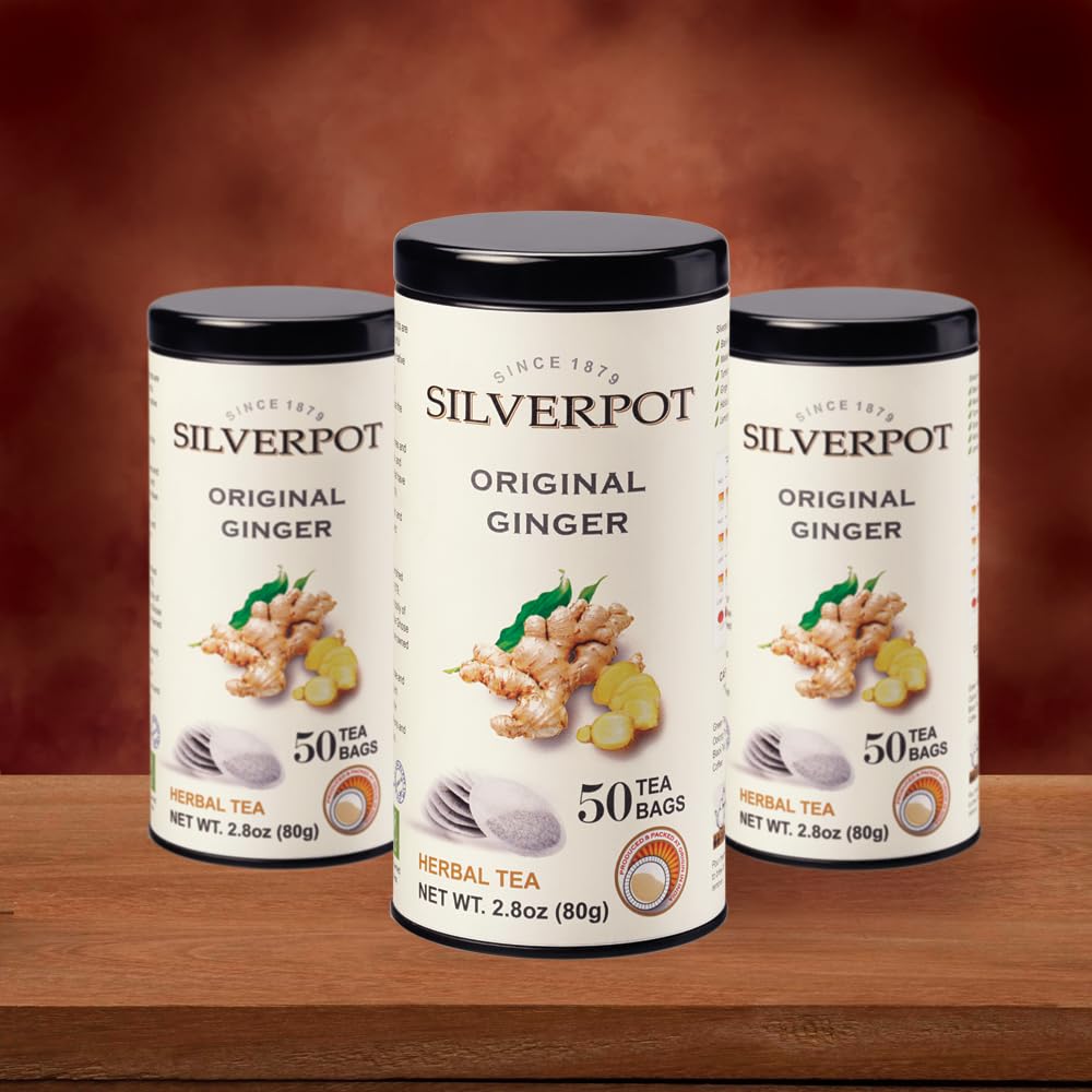 Silverpot Original Ginger Tea - 50 Round Tea Bags | Caffeine Free | Spicy Flavor | Warming & Soothing Blend | Reusable Tin