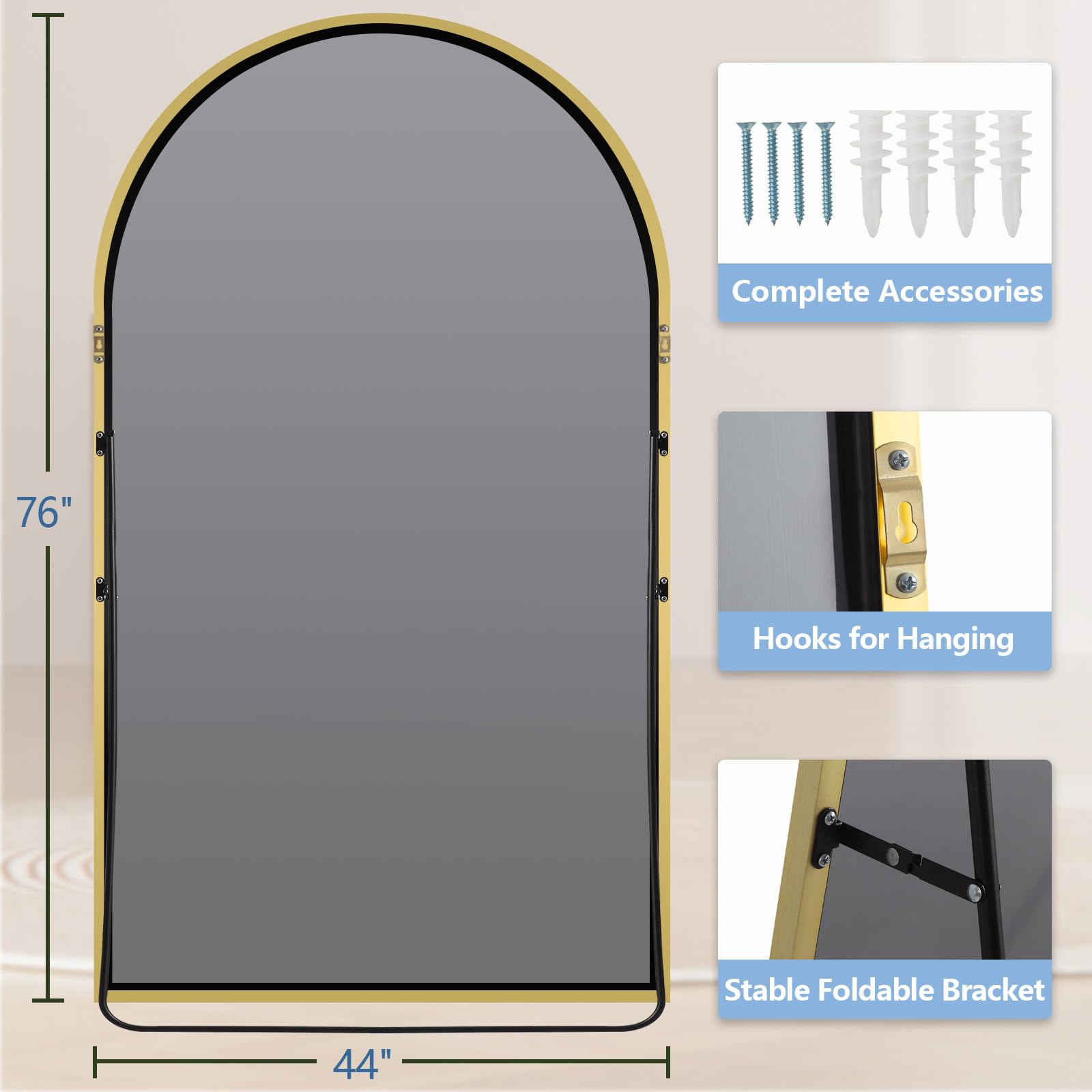 Oversized Floor Mirror Full Length with Stand, 72"X44" Extra Large Arch Standing Mirror Full Length, Tempered Glass Black Full Body Mirror for Bedroom Living Room, Aluminum Alloy Frame