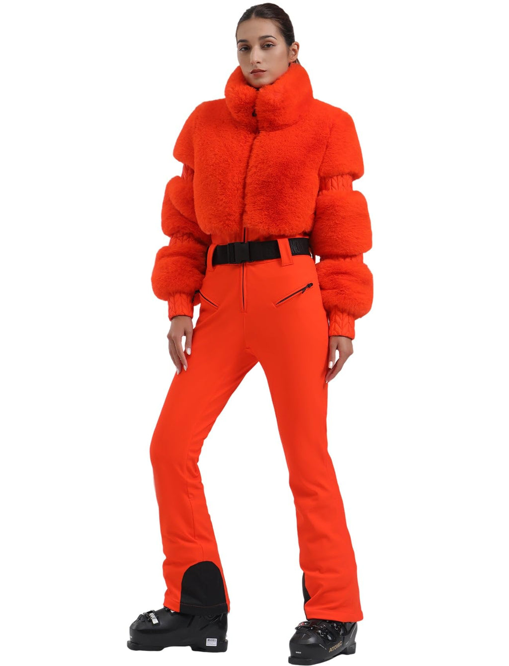 GSOU SNOW Women Ski Suit One Piece Snowsuit Snowboard Faux Fur Collar Slim Jumpsuit Jacket Insulated Windproof Outdoor Winter