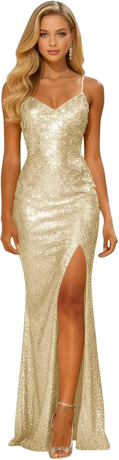 Long Sparkly Sequin V Neck Prom Dresses with Slit Mermaid Formal Evening Party Gown 2026