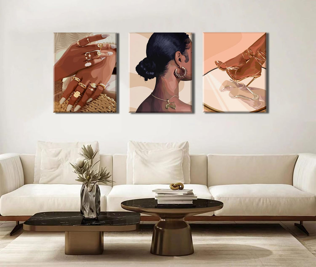 Framed Black Girl Wall Art Set of 3, Black Woman with Floral Pictures Wall Decor Paintings, Fashion African American Female Canvas Prints Home Decor for Living Room Bedroom Office 16x24 inch