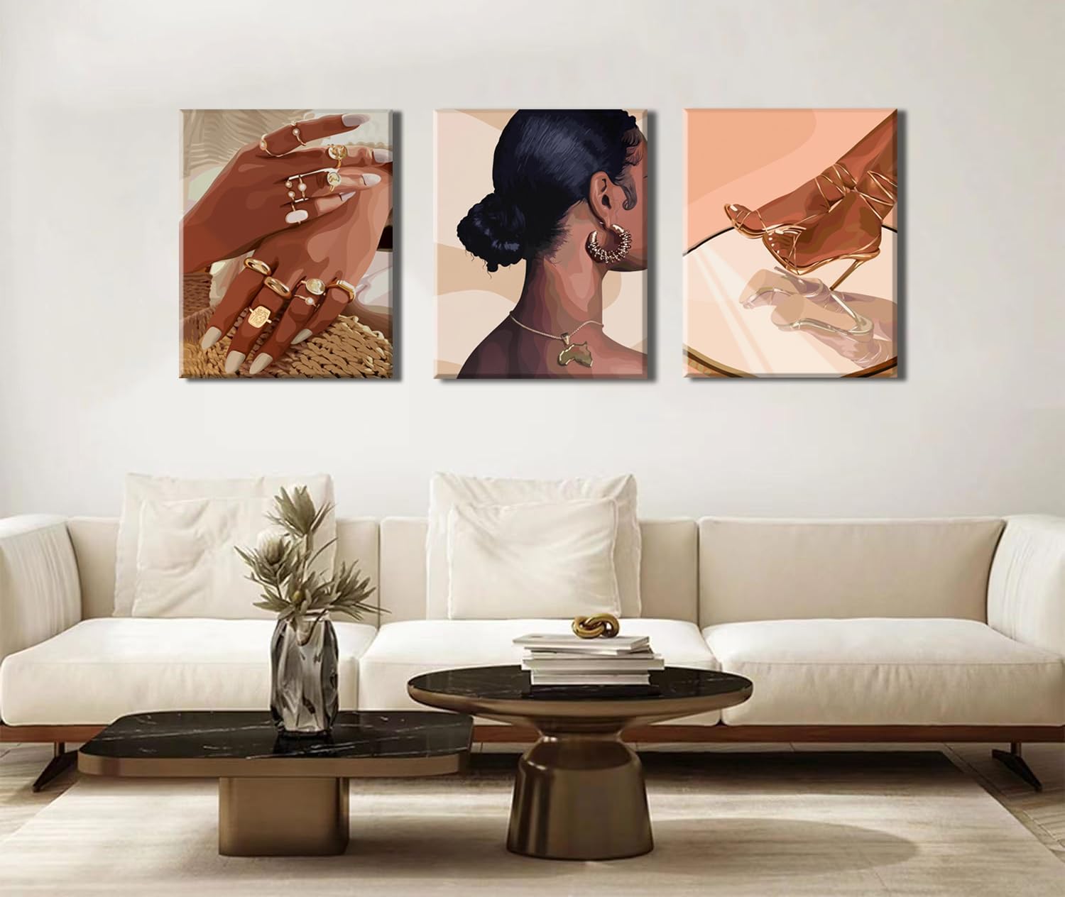Framed Black Girl Wall Art Set of 3, Black Woman with Floral Pictures Wall Decor Paintings, Fashion African American Female Canvas Prints Home Decor for Living Room Bedroom Office 16x24 inch