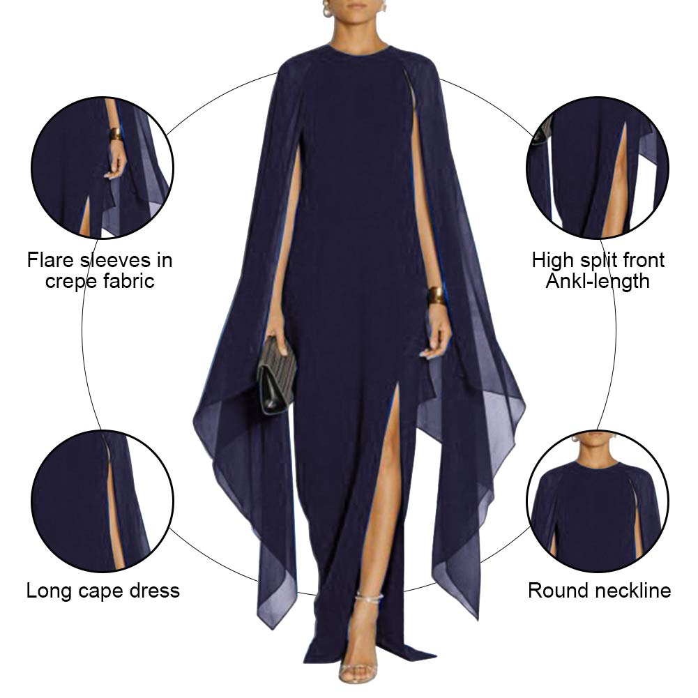 MAYFASEY Women's Elegant High Split Flare Sleeve Formal Evening Gowns Maxi Dress with Cape