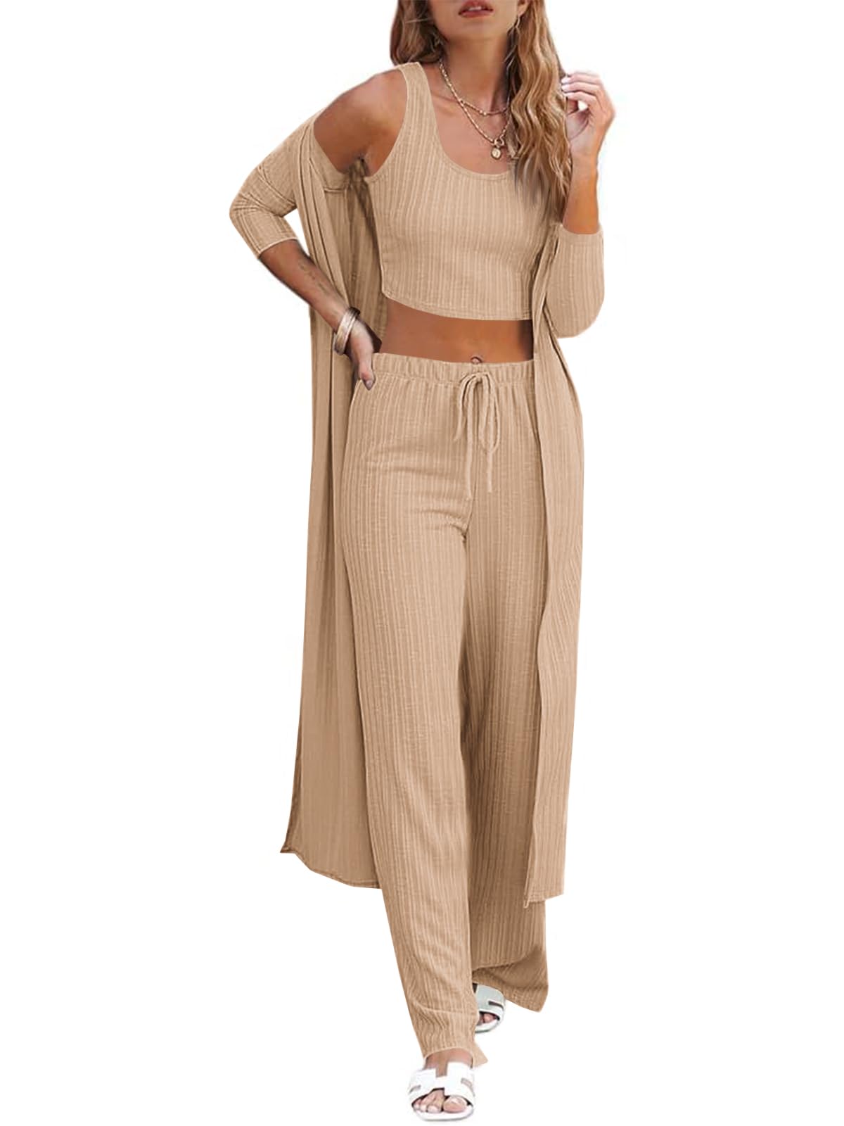 Fessceruna Womens 3 Piece Lounge Sets Pajamas Knit Long Sleeve Cardigan Crop Top Wide Leg Pants Loungewear Set