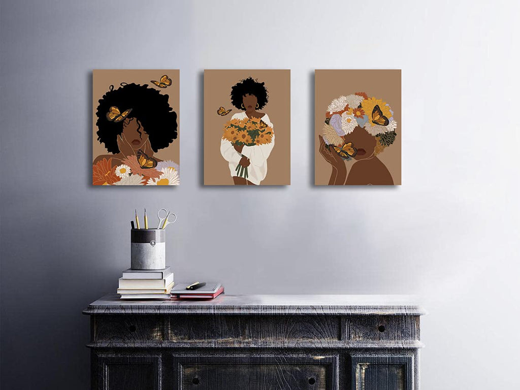 Framed Abstract African American Black Woman Canvas Wall Art, Boho Fashion Flower Art print, Black Women Bedroom Home Decor, Black Girl Poster