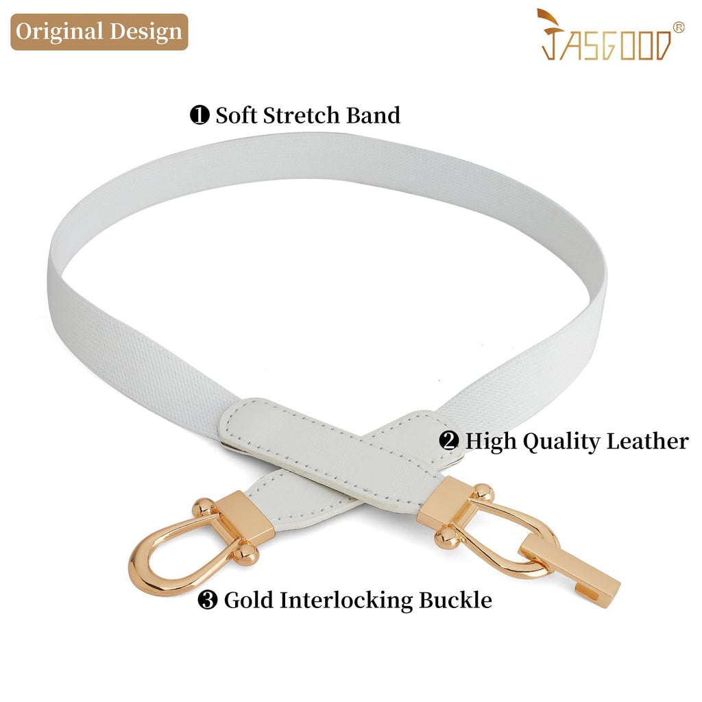 JASGOOD Women Skinny Elastic Belt for Dresses,Thin Retro Stretch Waist Belt with Golden Buckle