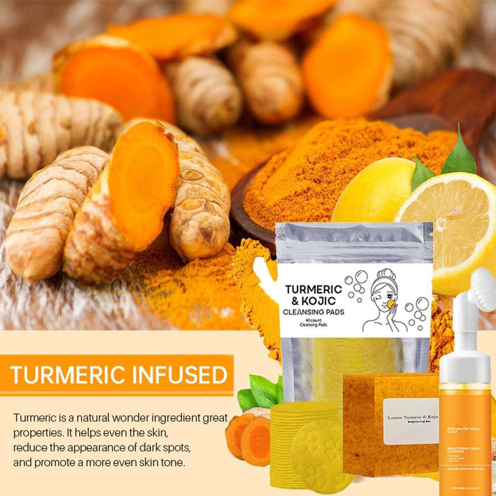 Turmeric Wash and Care 3 Piece Set, Turmeric Trio: Kojic Soap Bar/Facial Pads/Face Cleansing Wash with Brush, Jabon de Curcuma, Tumeric Soap Facial Cleaner Skincare Three Set for Face & Body (A)