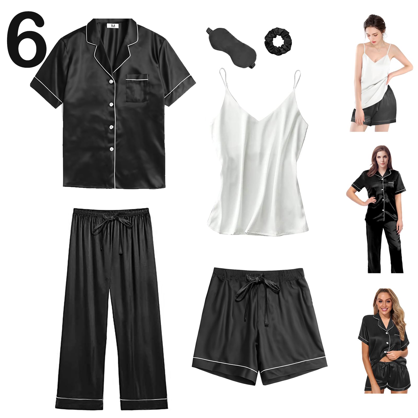 6Pcs Womens Silk Satin Pajama Sets Pj Sets Short Pjs Set Pajamas Sleepwear Camisole Sexy Cami