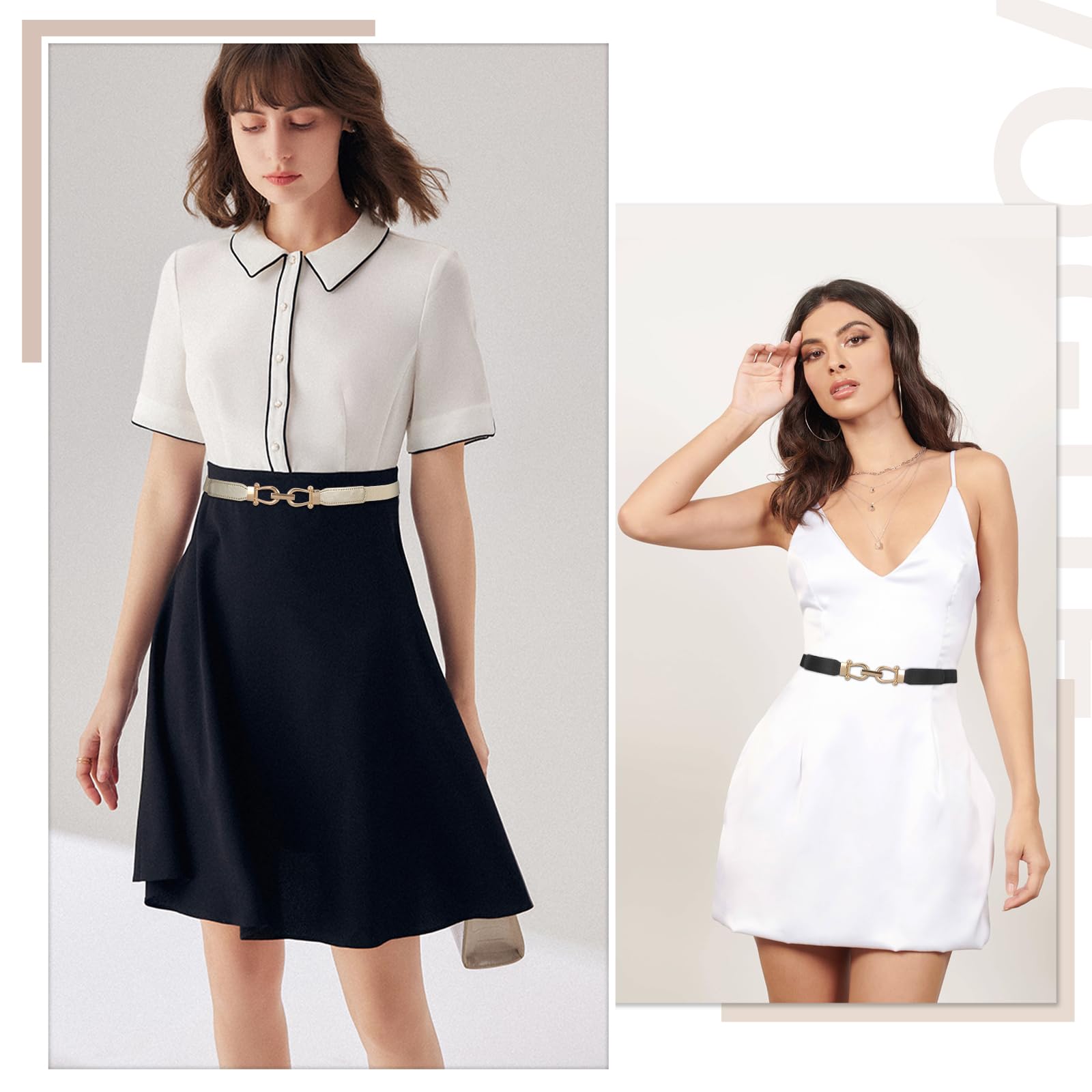 JASGOOD Women Skinny Elastic Belt for Dresses,Thin Retro Stretch Waist Belt with Golden Buckle