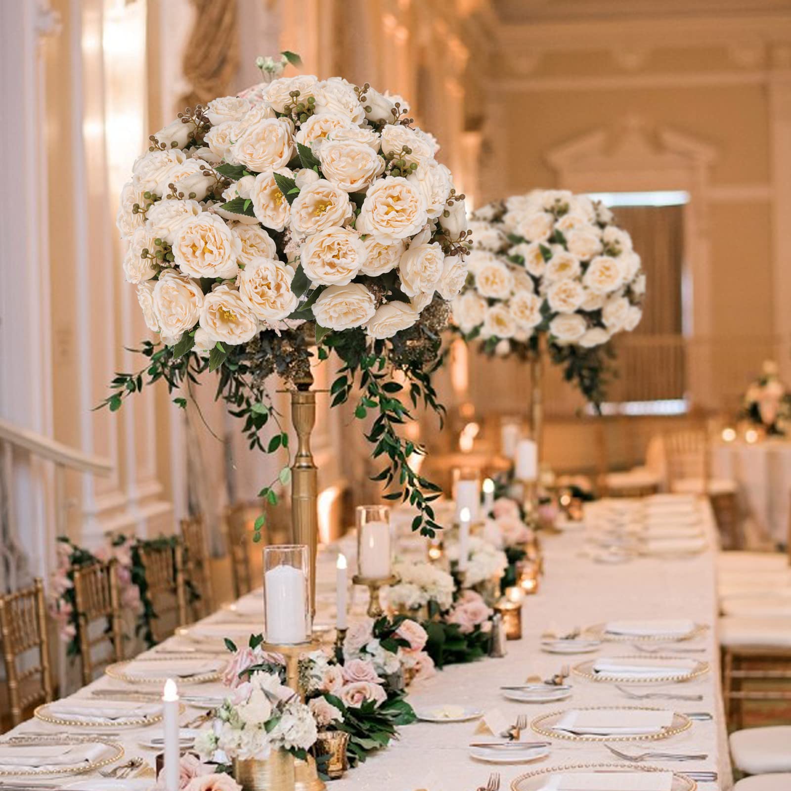 4 Bundles Artificial Peonies Silk Flowers, White Faux Peony Bouquet Florals Arrangements Decor for Farmhouse Home Boho Wedding Table Centerpiece, Fake Plastic Flowers Bulk Vase Decoration (White)