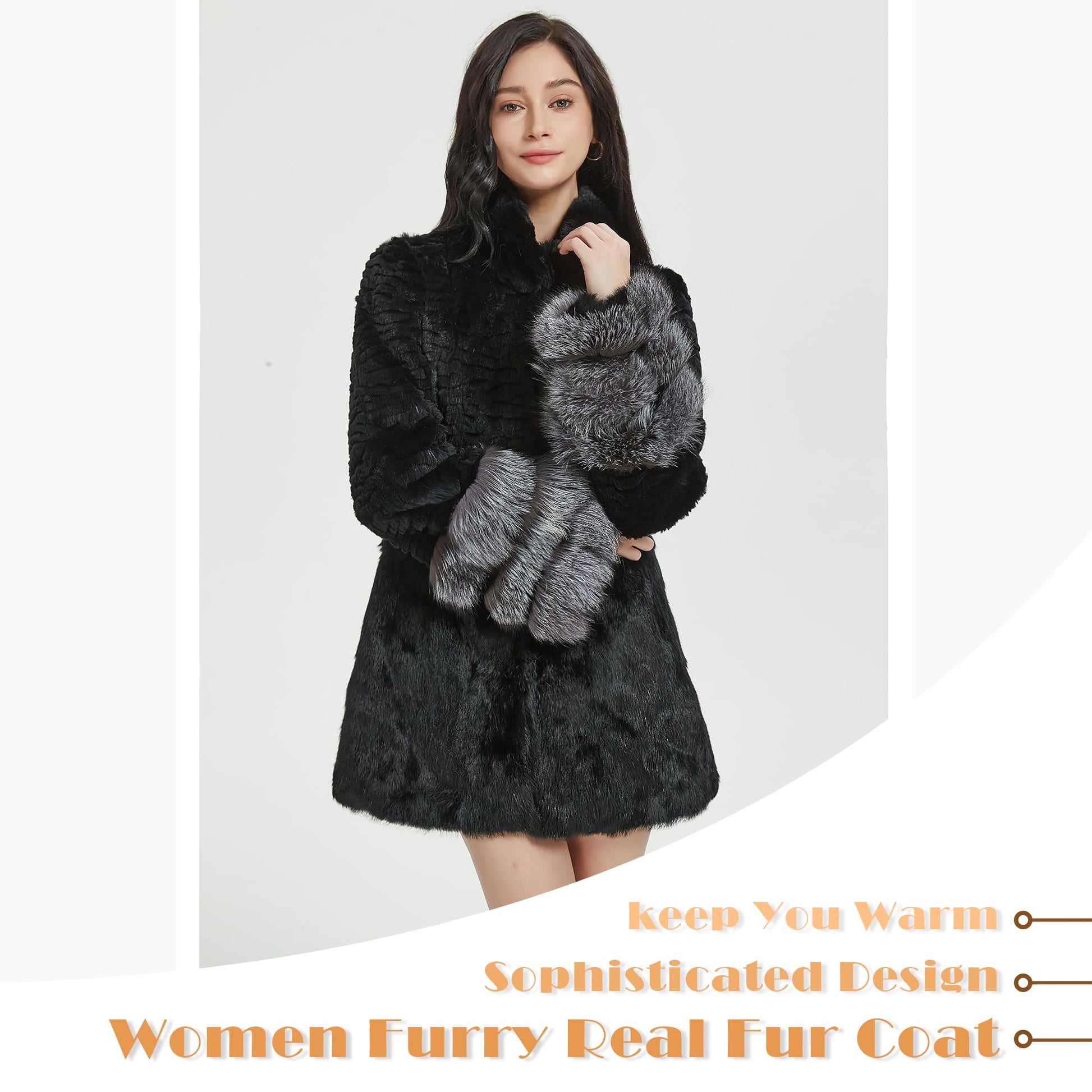 Fur Story Women's Genuine Rabbit Fur Coat With Fox Fur Cuffs Warm Winter Coat Black Long Jacket