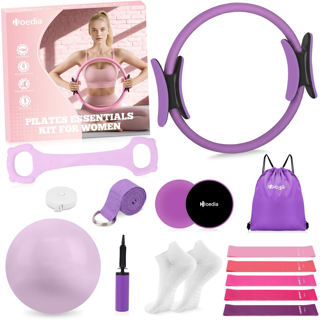 Hoedia 17 PCS Pilates Kit for Women, Pilates Equipment Ring and Ball Set with Resistance Bands, Yoga Strap, Core Sliders, Socks, Bag & Guide for Starter Home Workout Fitness Gym Essentials