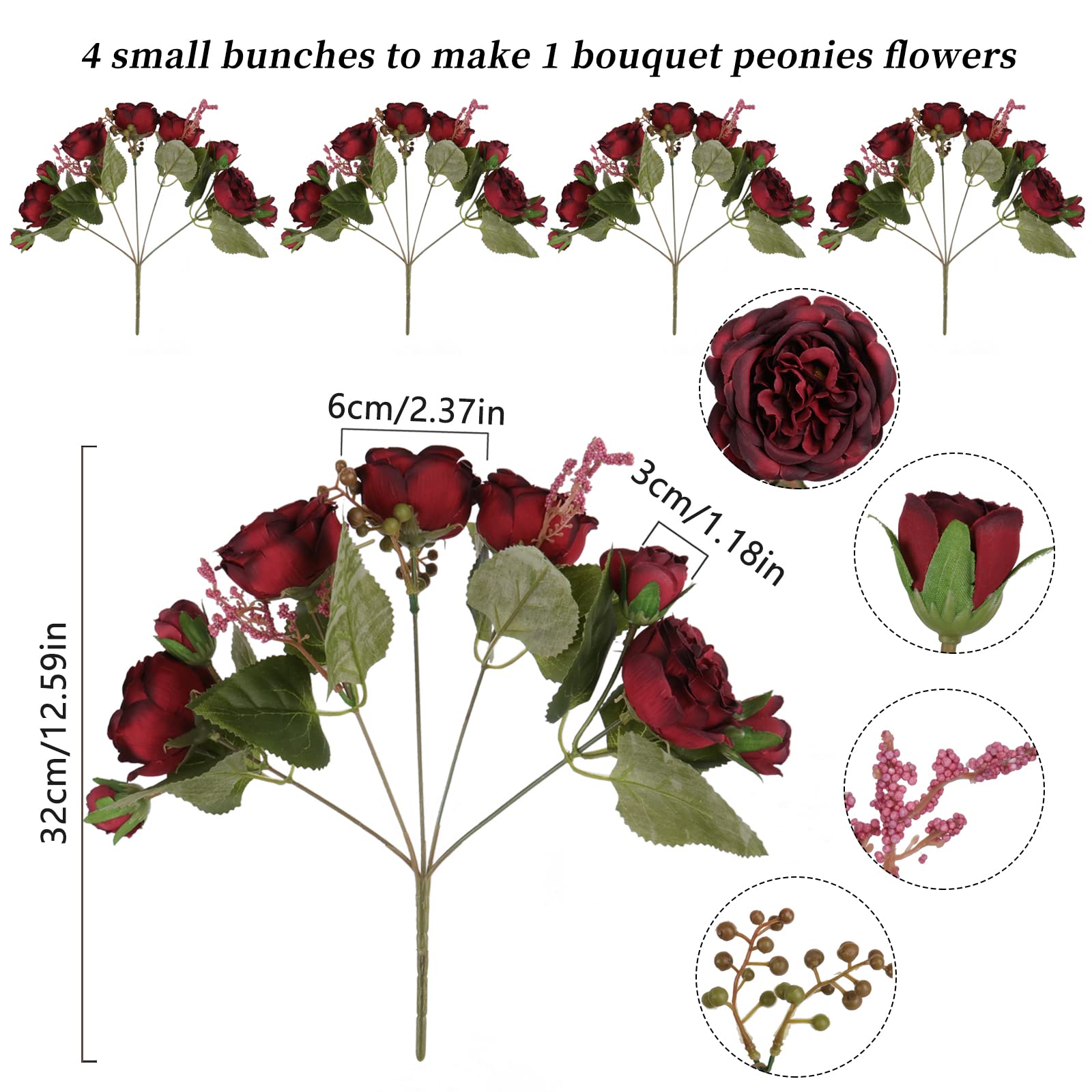 4 Bundles Artificial Peonies Silk Flowers, White Faux Peony Bouquet Florals Arrangements Decor for Farmhouse Home Boho Wedding Table Centerpiece, Fake Plastic Flowers Bulk Vase Decoration (White)