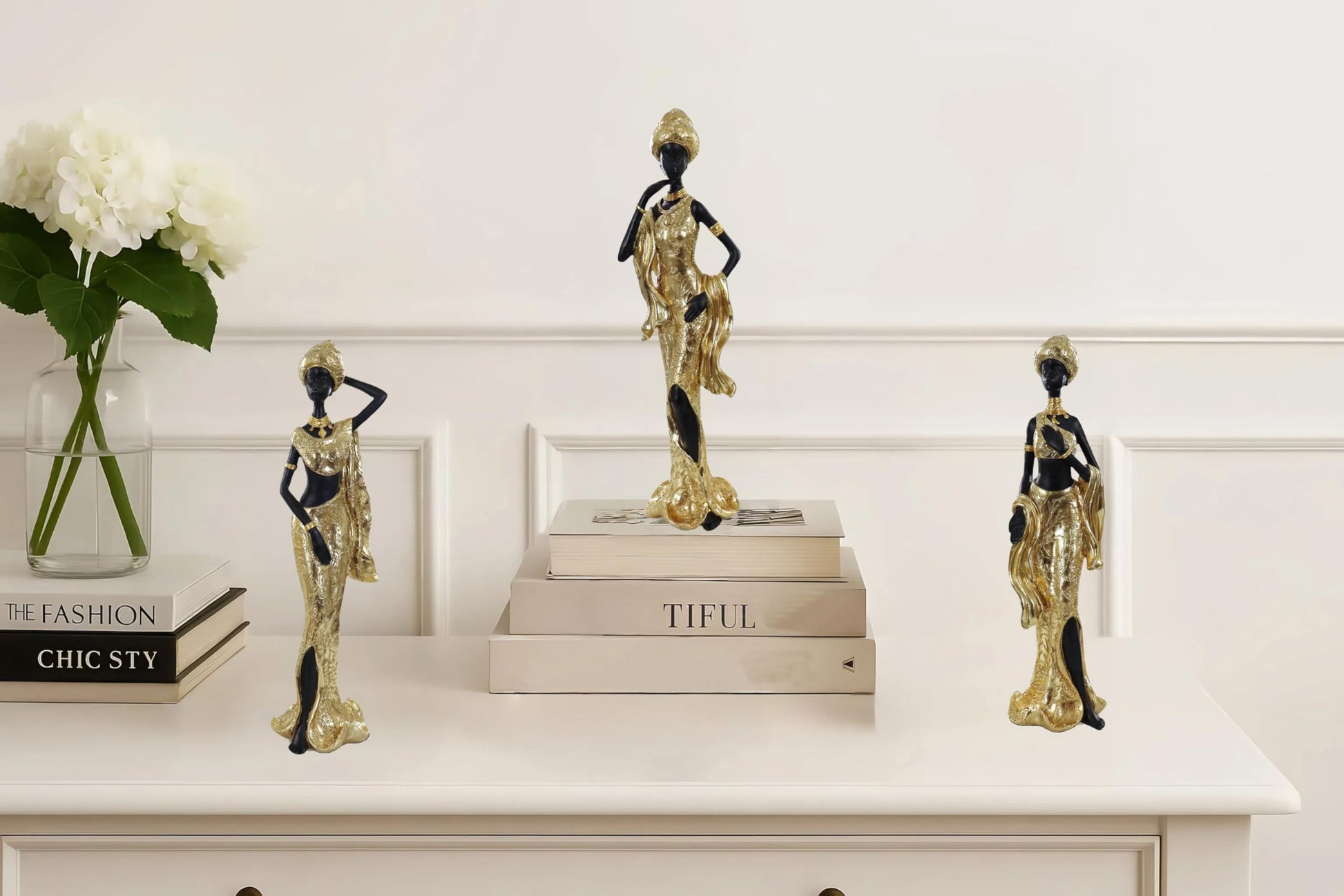 Set of 3 Resin African Woman Statues – Elegant Tribal Figurines in Gold Dresses, Afrocentric Home Decor Sculptures for Living Room, Bookshelf, Gift